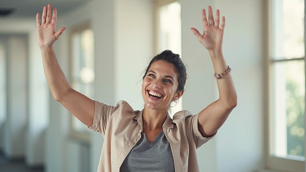 Erfolgreich motivierte Person feiert Zieleerreichung mit erhobenen Armen