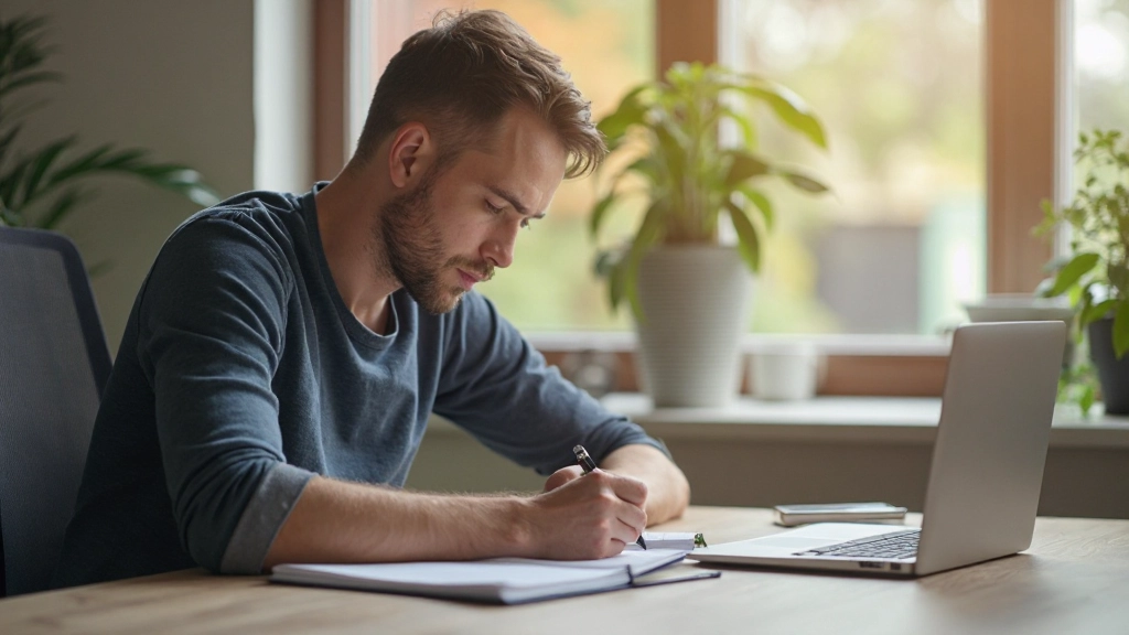 Motivierte Person arbeitet konzentriert am Schreibtisch mit Notizbuch und Kaffee