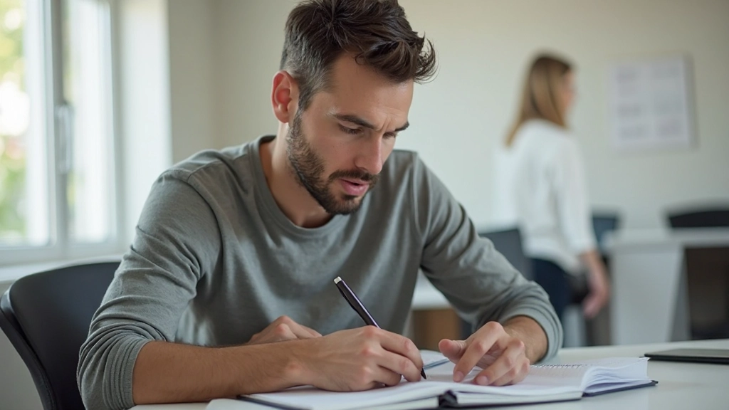 Professionelles Bild eines fokussierten Menschen bei der Planung mit Notizbuch und Stift