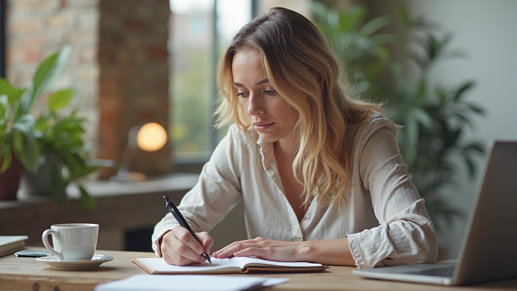 Person schreibt Ziele in Notizbuch mit Kaffee und Stift auf Schreibtisch