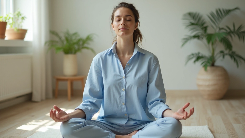 Frau meditiert in ruhiger Umgebung mit geschlossenen Augen