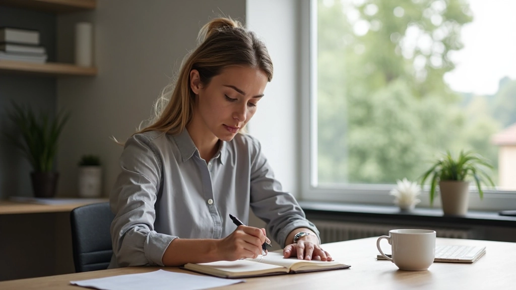 Motivierte Person arbeitet konzentriert am Schreibtisch mit Notizbuch und Kaffee