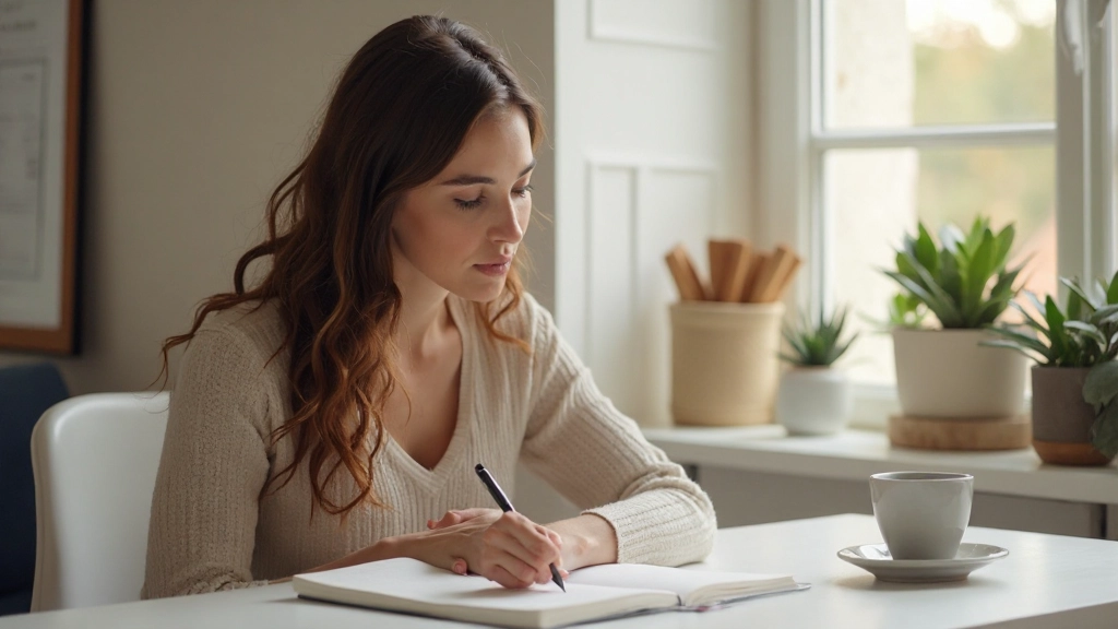 Professionelles Foto einer Person, die in einem hellen Morgenraum Tagebuch schreibt, mit Kaffee und Notizbuch auf dem Holztisch
